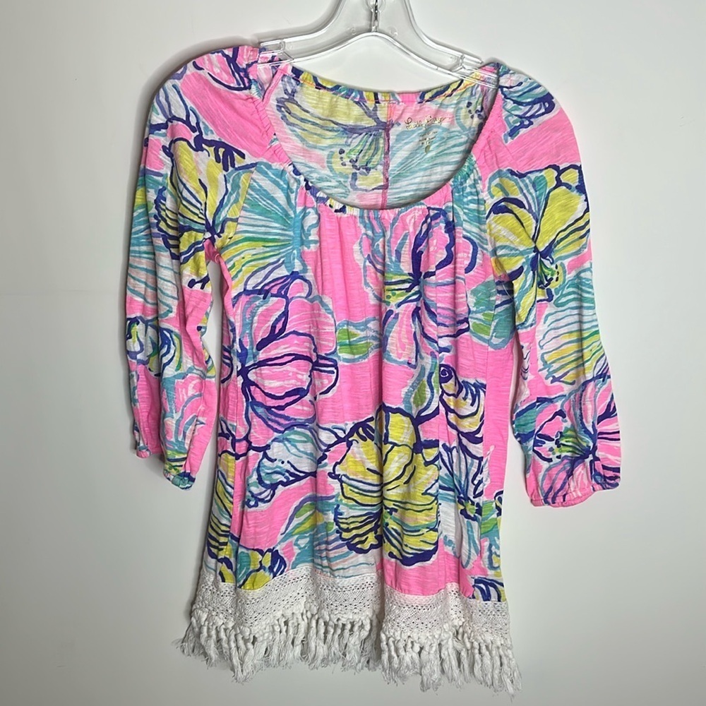 Lilly‎ Pulitzer Womens Alia Top Shirt Fringe Multicolor Pink Seashell Size XS